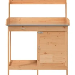 Pottebænk med skab i massivt grantræ | Størrelse: 110,5x45x124,5 cm | Farve: Brun