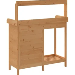 Pottebænk med skab i massivt grantræ | Størrelse: 110,5x45x124,5 cm | Farve: Brun