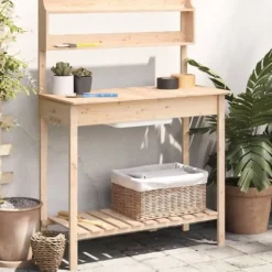 Pottebænk med vask i massivt grantræ - Plantebord | Størrelse: 147,5x44x139,5 cm | Farve: Naturlig