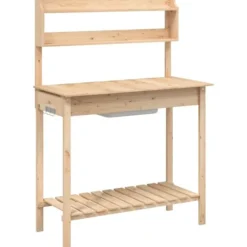 Pottebænk med vask i massivt grantræ - Plantebord | Størrelse: 147,5x44x139,5 cm | Farve: Naturlig