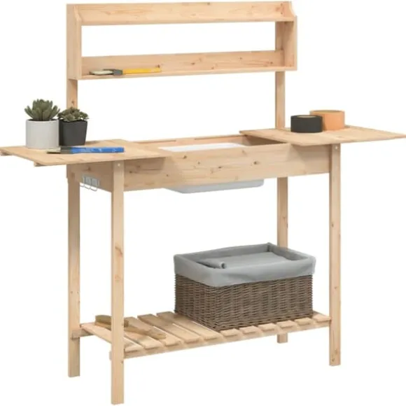 Pottebænk med vask i massivt grantræ - Plantebord | Størrelse: 147,5x44x139,5 cm | Farve: Naturlig