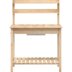 Pottebænk med vask i massivt grantræ - Plantebord | Størrelse: 147,5x44x139,5 cm | Farve: Naturlig