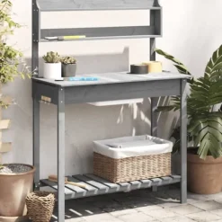 Pottebænk med vask og opbevaring - Plantebord i massivt grantræ | Farve: Grå | Størrelse: 147,5x44x139,5 cm