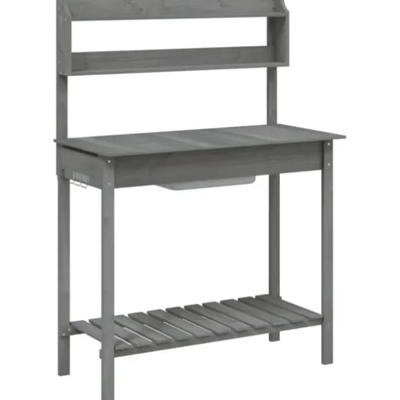 Pottebænk med vask og opbevaring - Plantebord i massivt grantræ | Farve: Grå | Størrelse: 147,5x44x139,5 cm