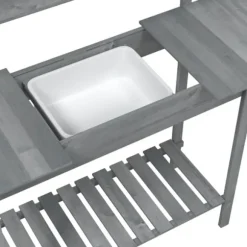 Pottebænk med vask og opbevaring - Plantebord i massivt grantræ | Farve: Grå | Størrelse: 147,5x44x139,5 cm