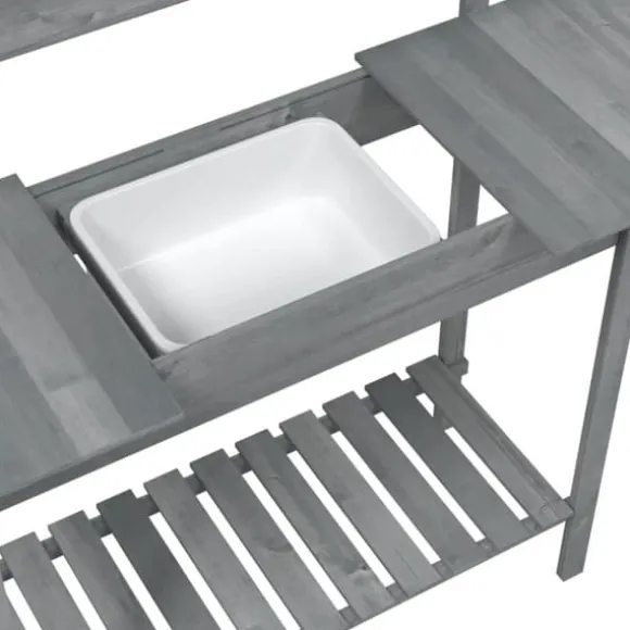 Pottebænk med vask og opbevaring - Plantebord i massivt grantræ | Farve: Grå | Størrelse: 147,5x44x139,5 cm