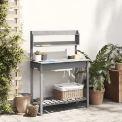 Pottebænk med vask og opbevaring - Plantebord i massivt grantræ | Farve: Grå | Størrelse: 147,5x44x139,5 cm