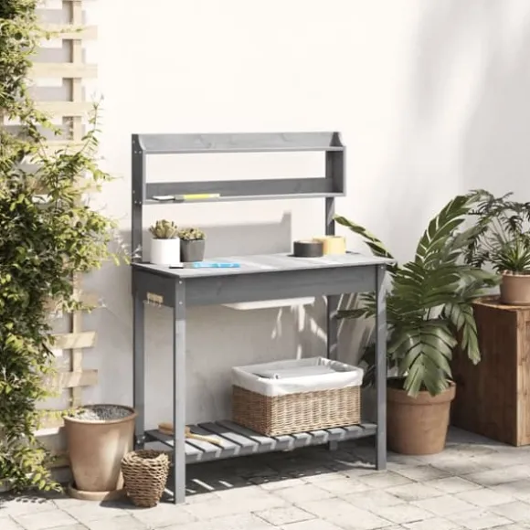 Pottebænk med vask og opbevaring - Plantebord i massivt grantræ | Farve: Grå | Størrelse: 147,5x44x139,5 cm