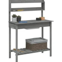 Pottebænk med vask og opbevaring - Plantebord i massivt grantræ | Farve: Grå | Størrelse: 147,5x44x139,5 cm