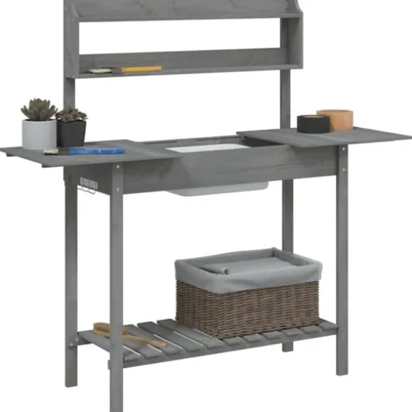 Pottebænk med vask og opbevaring - Plantebord i massivt grantræ | Farve: Grå | Størrelse: 147,5x44x139,5 cm