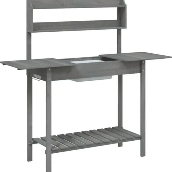 Pottebænk med vask og opbevaring - Plantebord i massivt grantræ | Farve: Grå | Størrelse: 147,5x44x139,5 cm