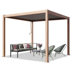 PRIMEYARD Pergola 3x3 m aluminiumsstolper i træ-look med lameltag lavet af stål