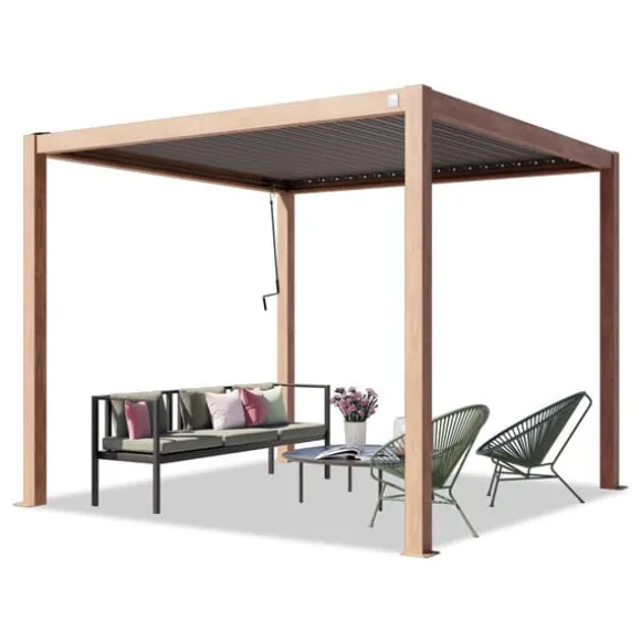 PRIMEYARD Pergola 3x3 m aluminiumsstolper i træ-look med lameltag lavet af stål