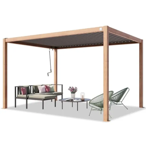 PRIMEYARD Pergola 3x4 m aluminiumsstolper i træ-look med lameltag lavet af stål