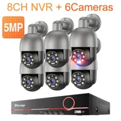 PTZ Kamera System, 8 Kanaler, Fuldfarve Nattesyn,2T, 8CH NVR 6 Kamera 5MP