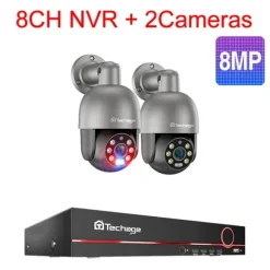PTZ Sikkerhedskamerasystem, AI Menneskedetektion, To-vejs lyd,8CH NVR 2 stk. Kamera 8MP, Ingen