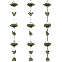 Regnkæde 3-pak, 123 cm, metal med fugle & klokke, med ophæng, grøn