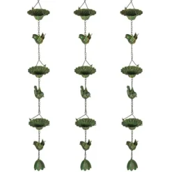 Regnkæde 3-pak, 123 cm, metal med fugle & klokke, med ophæng, grøn