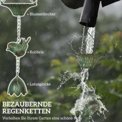 Regnkæde 3-pak, 123 cm, metal med fugle & klokke, med ophæng, grøn