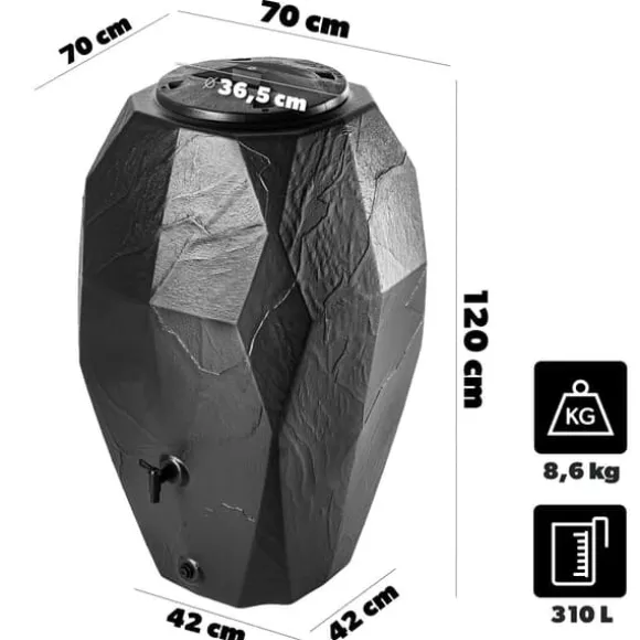 Regnvandstank, 310 liter kapacitet, frostbestandig plastik, 100 cm højde, 60 cm diameter, effektiv regnvandsopsamling