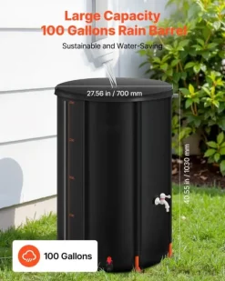 Regnvandstønde - Regnvandsopsamler - 380 L Kapacitet - Sammenklappelig - 1000D PVC - Med taphane og overløbssæt - Bærbar - Sort