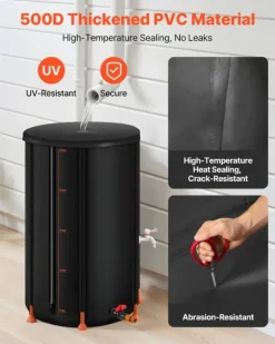 Regnvandstønde - Sammenklappelig Regnvandstank 250 L - 500D PVC - Med Tappehane og Overløbssæt - Bærbar - Sort