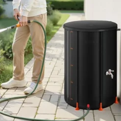 Regnvandstønde - Sammenklappelig Regnvandstank 250 L - 500D PVC - Med Tappehane og Overløbssæt - Bærbar - Sort