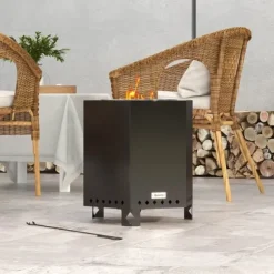 Røgfrit bordildfad i metal, sort, med ildgaffel til have/terrasse/camping