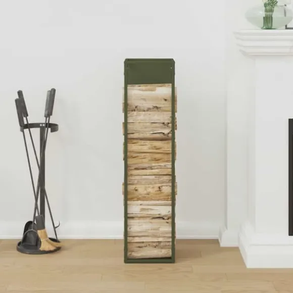 Robust brændestativ i koldvalset stål | Størrelse: 25x25x100 cm | Farve: Olivengrøn