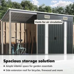 Robust haveskur i stål med udvidet tag - Optimeret opbevaring | Farve: Antracitgrå | Størrelse: 277x107x181 cm