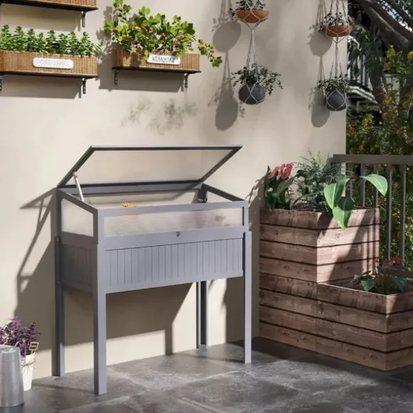 Rootz - Højt drivhus - Forhøjet drivhus - 2-i-1 trædrivhus - Med forhøjet havekasse - Højbed - Oplukkelig top til blomster - Grå - 120 x 54 x 112/122 | CDON
