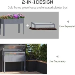 Rootz - Højt drivhus - Forhøjet drivhus - 2-i-1 trædrivhus - Med forhøjet havekasse - Højbed - Oplukkelig top til blomster - Grå - 120 x 54 x 112/122 | CDON