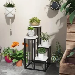 Rootz blomsterhylde - 4 etagers plantehylde - blomsterstativ - indendørs og udendørs - metalramme - grantræ - sort + hvid - 34L x 34W x 70H cm