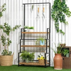 Rootz blomsterstativ - 3-etagers plantestativ med fastgørelseskroge - plantestativ i naturtræ - naturlig - 80 cm x 36 cm x 174 cm