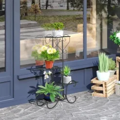 Rootz blomsterstativ - metal blomsterstativ - 4 niveauer plantehylde - blomsterstige - blomsterstativ til indendørs og udendørs - Have - Balkon - Sort | CDON