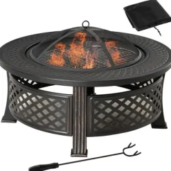 Rootz Fire Pit - Ildskål - Ildkurv - Ildbord - Rundt ildsted - Til havecamping - BBQ - Med Poker Spark Protection - Stål - Sort - 81 x 81 x 50 cm