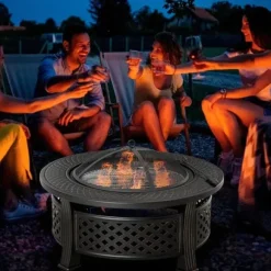 Rootz Fire Pit - Ildskål - Ildkurv - Ildbord - Rundt ildsted - Til havecamping - BBQ - Med Poker Spark Protection - Stål - Sort - 81 x 81 x 50 cm