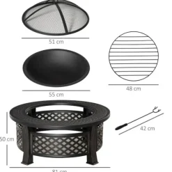 Rootz Fire Pit - Ildskål - Ildkurv - Ildbord - Rundt ildsted - Til havecamping - BBQ - Med Poker Spark Protection - Stål - Sort - 81 x 81 x 50 cm
