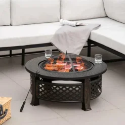 Rootz Fire Pit - Ildskål - Ildkurv - Ildbord - Rundt ildsted - Til havecamping - BBQ - Med Poker Spark Protection - Stål - Sort - 81 x 81 x 50 cm