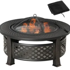 Rootz Fire Pit - Ildskål - Ildkurv - Ildbord - Rundt ildsted - Til havecamping - BBQ - Med Poker Spark Protection - Stål - Sort - 81 x 81 x 50 cm