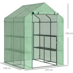 Rootz Folie Drivhus - Walk-in Drivhus Med 8 hylder - Tomat Drivhus - Kold Ramme Med Låge - Stål - PE Plast - Grøn - 143 x 138 x 195 cm