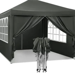 Rootz Gazebo Pop-Up telt - Vandtæt Pagoda - Solafskærmning - UV-beskyttelse, Regnbestandig, Nem opsætning - Metal og 210D Oxford-stof - 3 x 3 m Grå