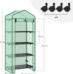 Rootz Greenhouse med ruller - foliehylling - Plant Grow House - Beskytter mod UV & Frost - 70x163x50cm, grøn, sort, sort