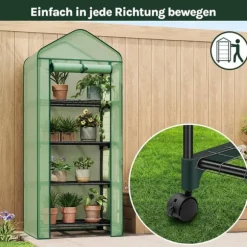 Rootz Greenhouse med ruller - foliehylling - Plant Grow House - Beskytter mod UV & Frost - 70x163x50cm, grøn, sort, sort