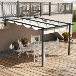 Rootz Havepavillon - Udtrækkeligt tag - Vægmonteret - Metalramme - Stål - Polyester - Cremehvid - 297L x 297W x 200/230H cm