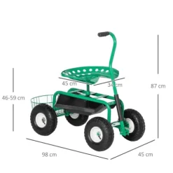 Rootz Havevogn med rullesæde - Hyldekurv - Lille haveværktøj - Værkstedsvogn - Mobil have - Højdejusterbar - Metal - Gummi - Grøn - 98cm x 45cm x 87cm | CDON