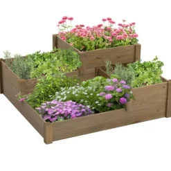 Rootz Højseng - 4 plantekasser på 3 niveauer - Vejrbestandig - Massivt træ - Naturlig - 122 cm x 122 cm x 51 cm