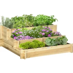 Rootz Højseng - Blomsterkasse - 3 Etager - Drænåbning - Stoffor - Naturligt træ - 93 x 93 x 35 cm