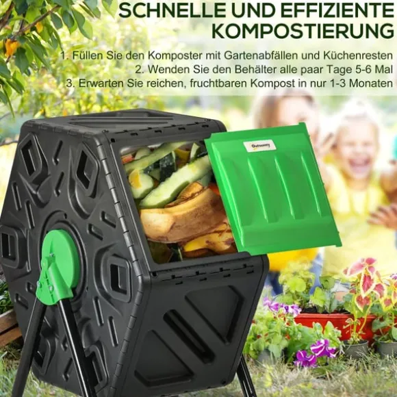 Rootz 65L kompostbeholder - Rotatabel komposter - Termisk kompostbakke - næringsrige kompost - 60x49x77cm - Grøn+sort