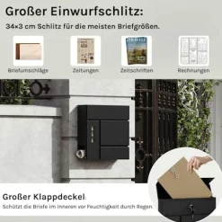 Rootz Mailbox med avisrum - Letterbox - Wall Mount Post Box - Vandtæt - 37x37x10,5 cm sort